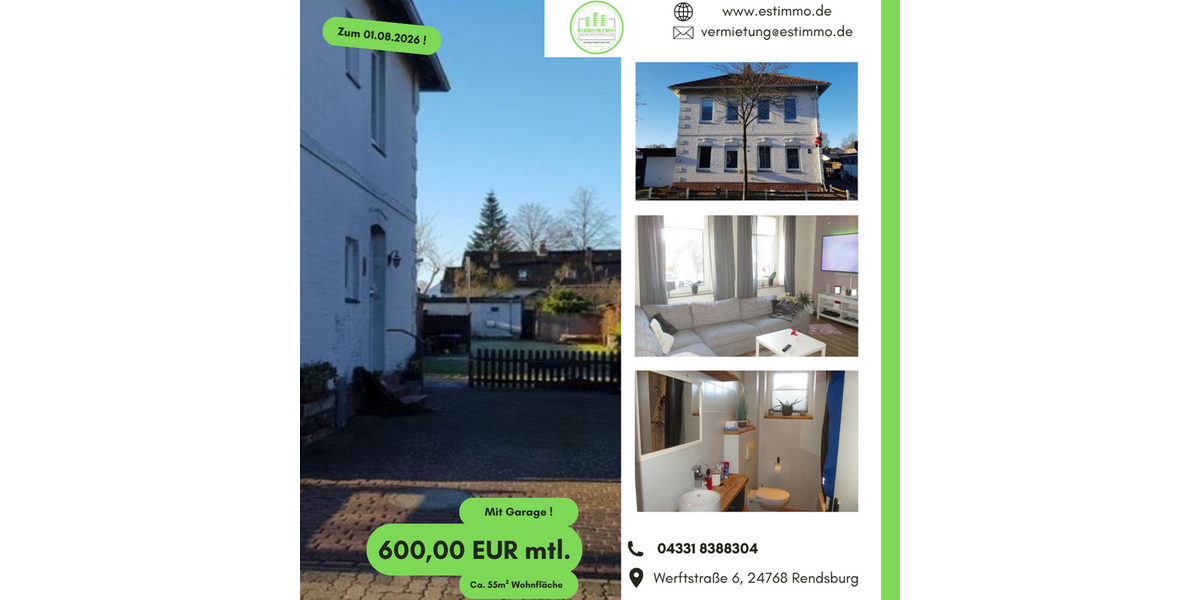 Etagenwohnung Rendsburg - 3 Zimmer, 55 m&sup2;, 636&euro; | Angebot:26817157