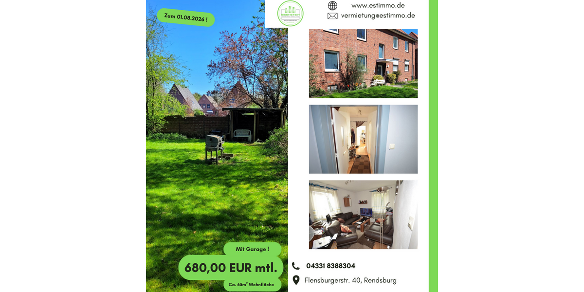 Etagenwohnung Rendsburg - 3 Zimmer, 66 m&sup2;, 680&euro; | Angebot:26844495